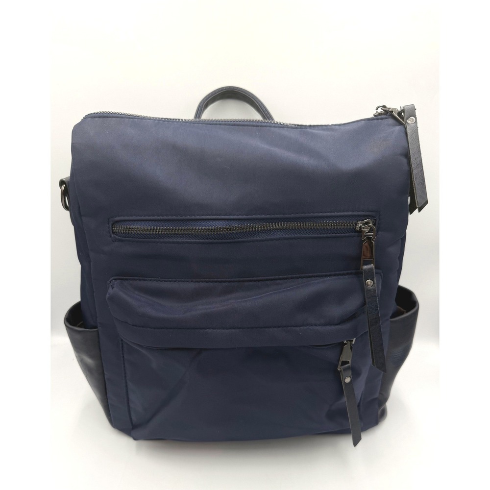 Backpack Navy Blue Nylon Faux Leather Large Multi Pocket Bag
